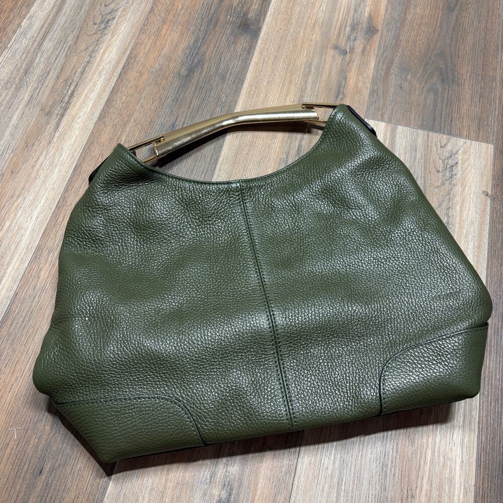 Vera Pelle Gold Top Handle Hobo Bag Army Green Genuine Leather Zip Pocket Italy